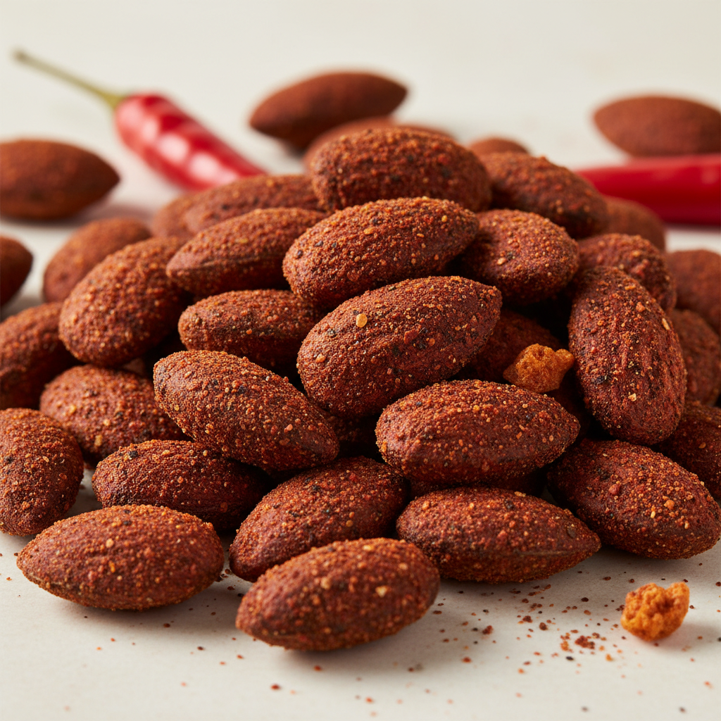 Premium smoked and spicy almonds with deep red paprika and cayenne coating on a cream background