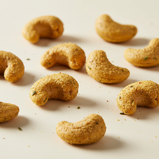Nut Club Italian herb cashews with golden yellow herb seasoning on a cream background