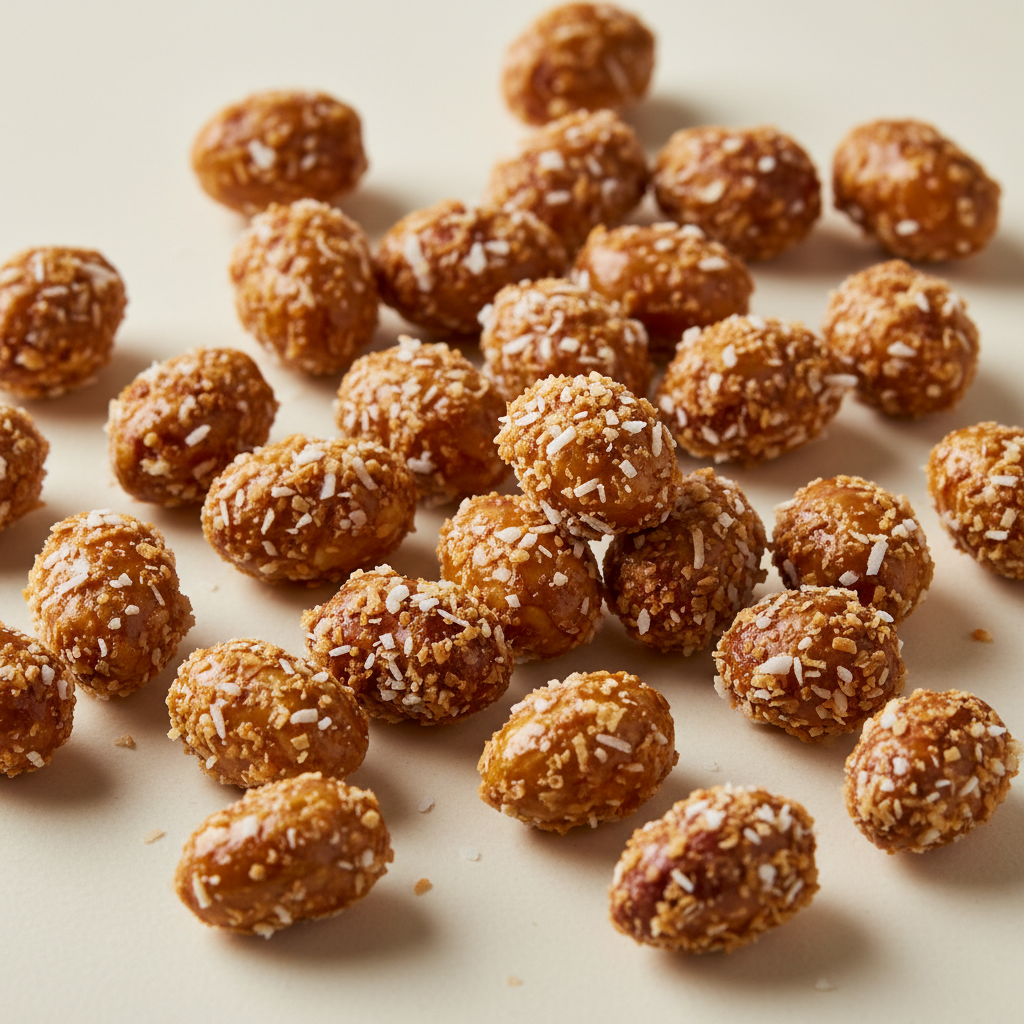 Nut Club premium honey and coconut peanuts with golden glaze and toasted coconut flakes on a cream background