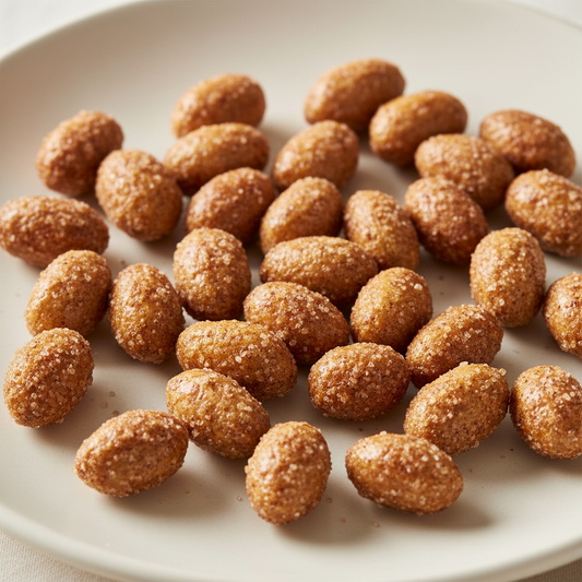 Nut Club cinnamon and honey peanuts with a warm golden glaze on a cream background