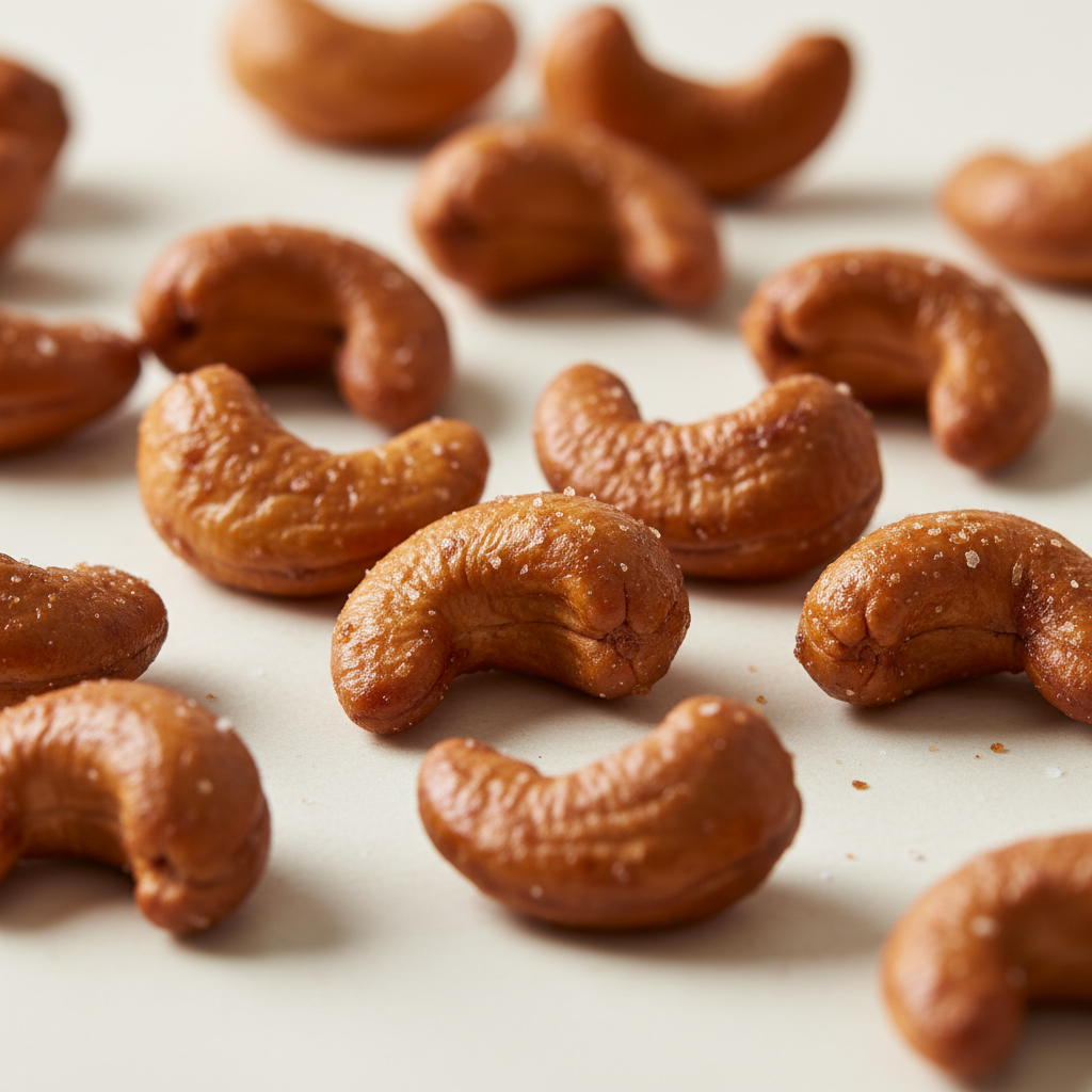 Nut Club honey cashews with a rich dark amber honey glaze on a cream background