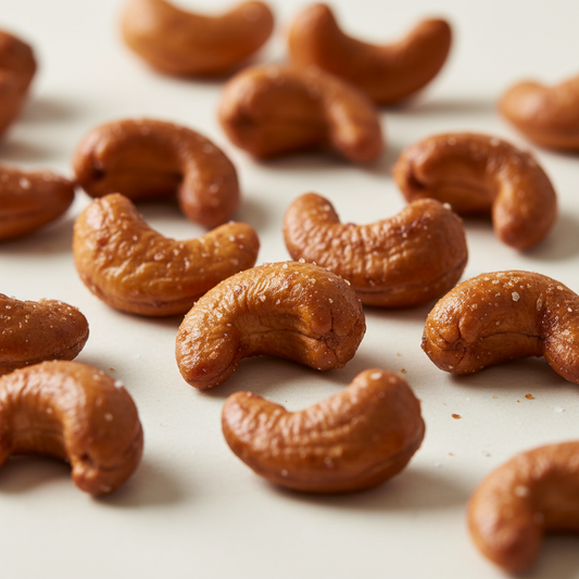 Nut Club honey cashews with a rich dark amber honey glaze on a cream background