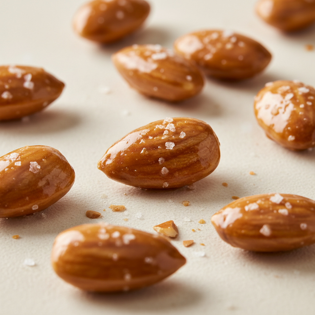 Nut Club salted caramel almonds with a glossy golden caramel glaze on a cream background