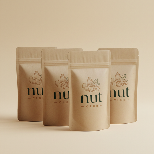 4 Nut Club branded nut packets arranged on a cream background