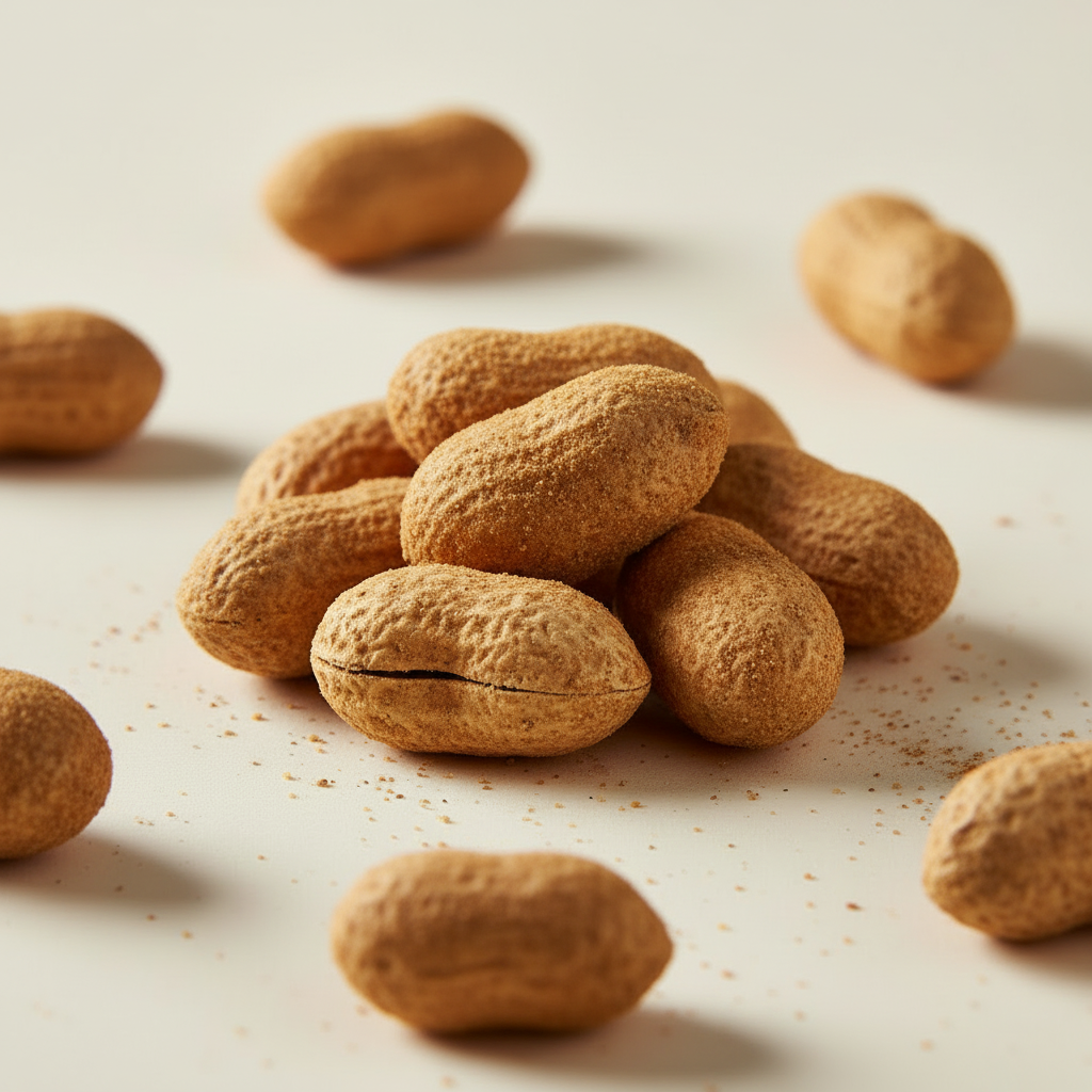 Whole roasted peanuts visibly coated with warm gingerbread spices on a cream background