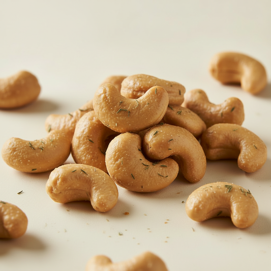 Lightly roasted cashews with visible dried thyme seasoning on a warm cream background