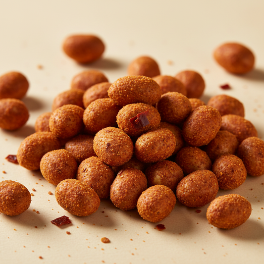 Crunchy roasted chilli peanuts scattered on a warm cream background