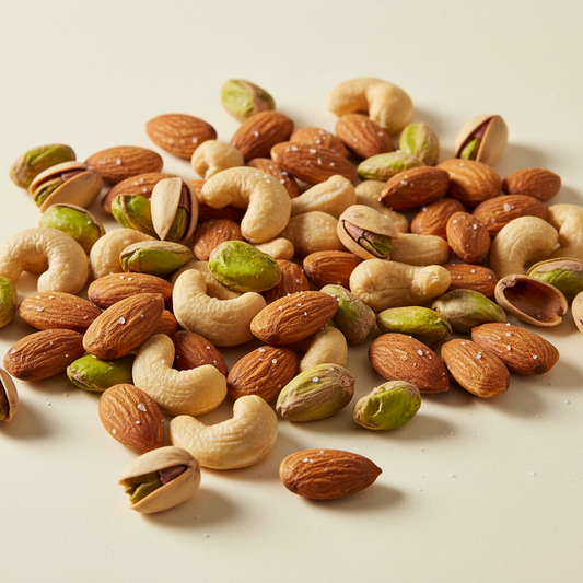 Premium mixed nuts with almonds, pistachios and cashews on a cream background