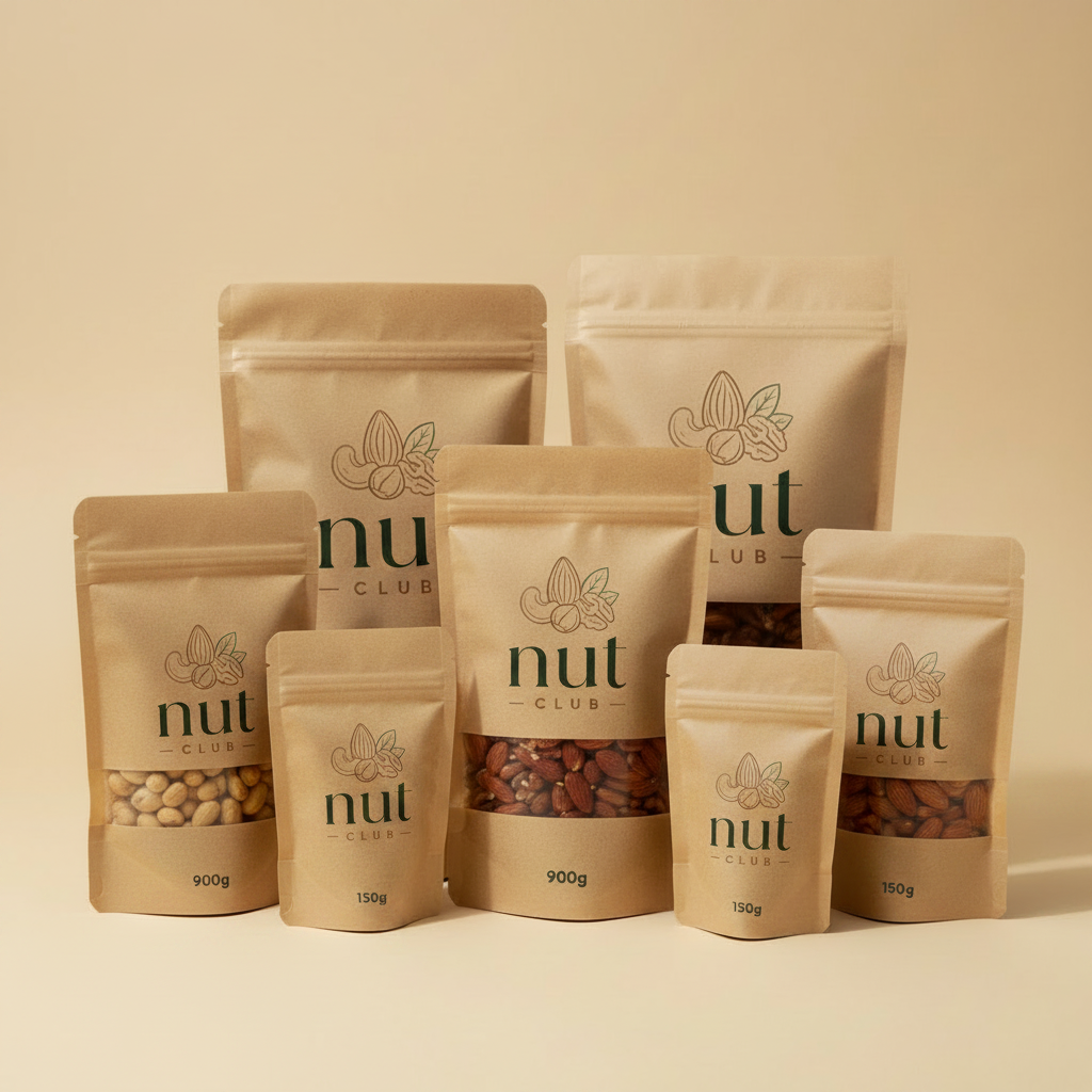6 Nut Club branded nut packets in mixed sizes arranged on a cream background