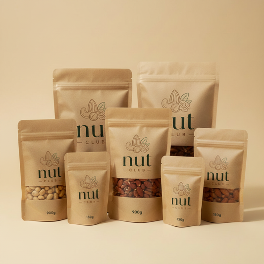 6 Nut Club branded nut packets in mixed sizes arranged on a cream background