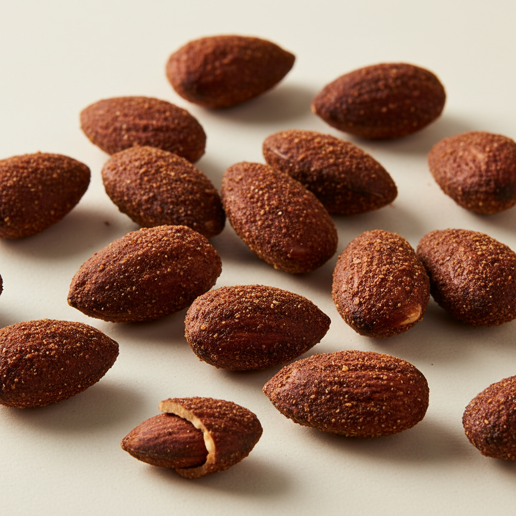 Premium smoked almonds with a deep smoky paprika coating on a cream background