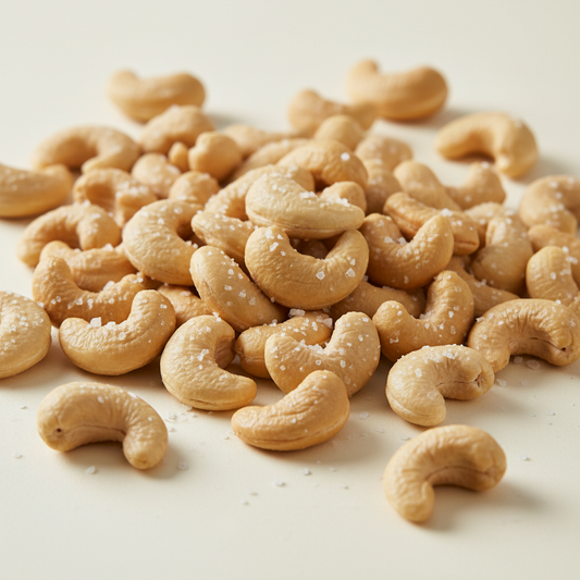 Premium salted cashews with a light sea salt dusting on a cream background