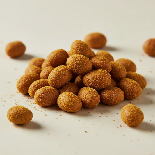 Roasted peanuts visibly coated with golden curry powder and warm spices on a cream background